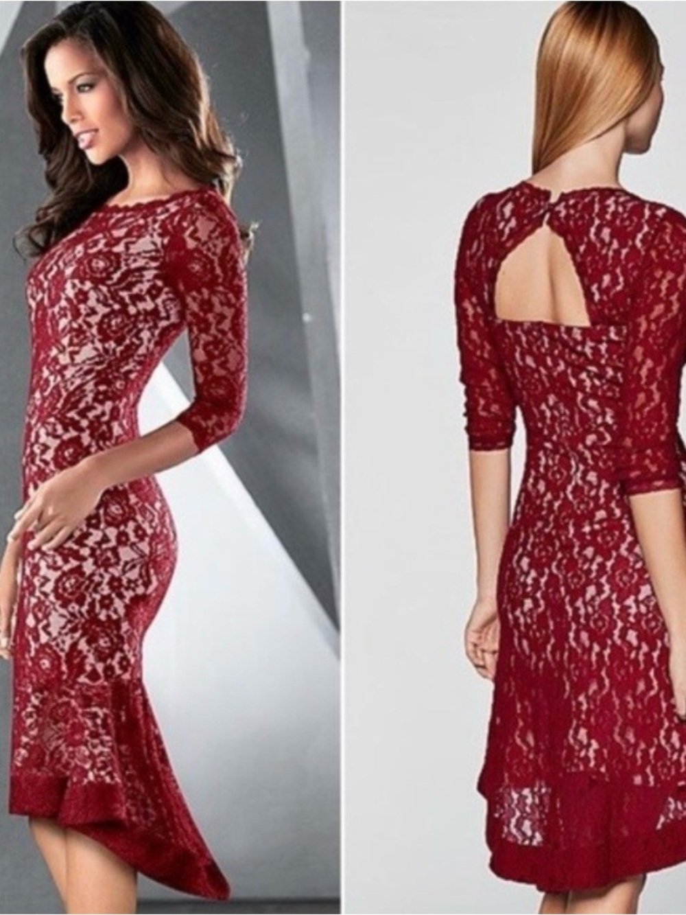 Venus Lace Fit-and-Flare high low Dress - Burgundy